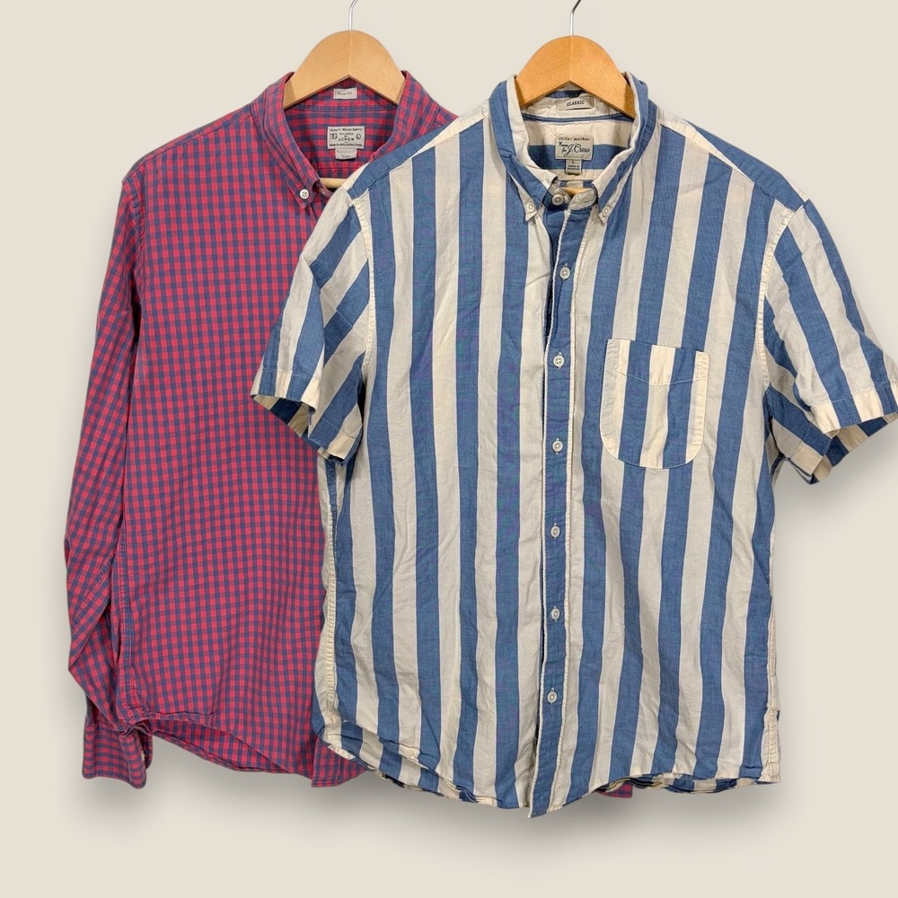 Lot of 2 J. Crew Button Shirts Men Large Cotton Indian Madras Striped Check